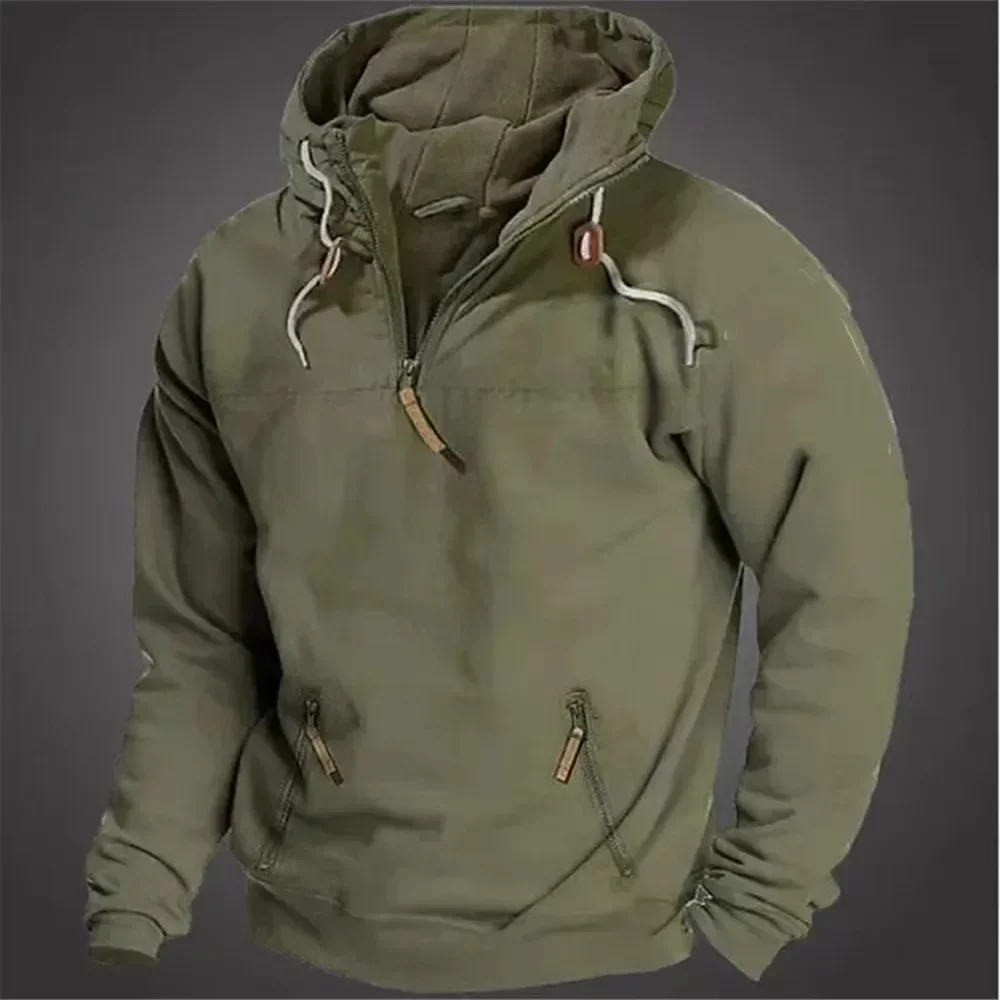 2024 primavera outono dos homens sólido vintage moletom com capuz meio zip esportes tático hoodies agasalho casual moletom masculino casacos