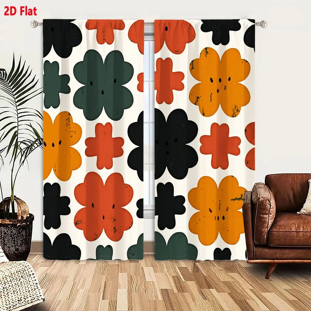2Pcs Curtains 2D Flat Retro Floral Pattern With Cute Faces In Muted Colors On Off White Background Window Drapes for Bedroom Roo