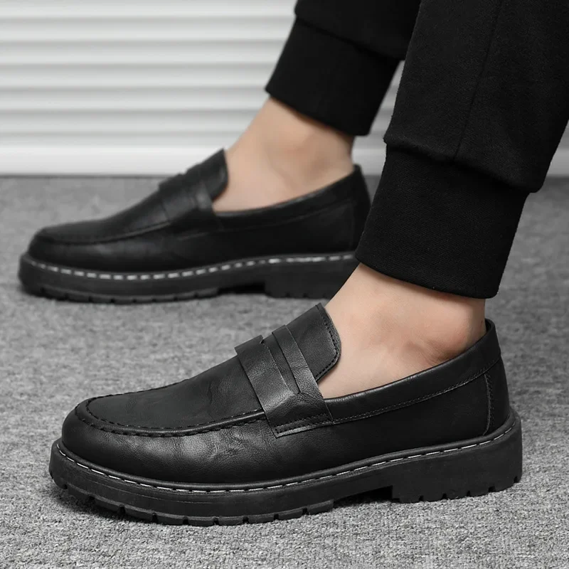 Thick Soled Loafers Men Leather Shoes Breathable Slip on Loafers Solid Color Men Casual Shoes Handmade Men Formal Shoes