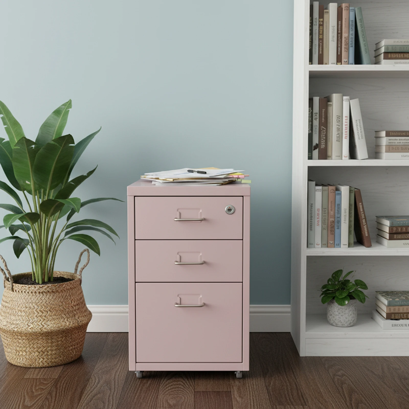 Pink Metal 28*41*46.5cm 3-layer Wheeled File Lock Cabinet Movable Locker Silent Drawer Filing Cabinet
