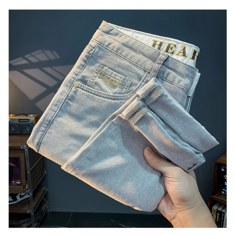 Summer thin jeans for men2024new vintage trendy printed slim-fitting small straight pants casual men's trousers