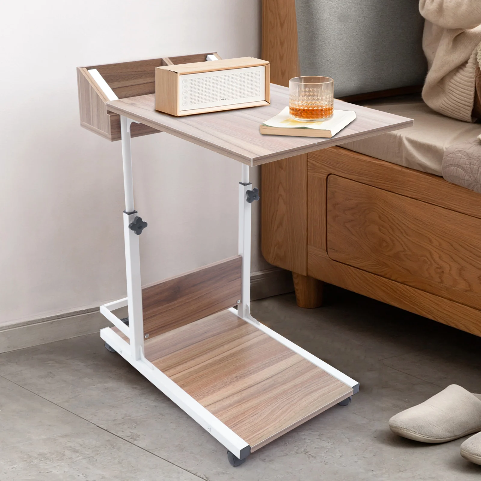 

Adjustable Height Dorm Study Table with Lockable Wheels - Under Bed Slide-in Storage for Books/Stationery - Christmas Gift