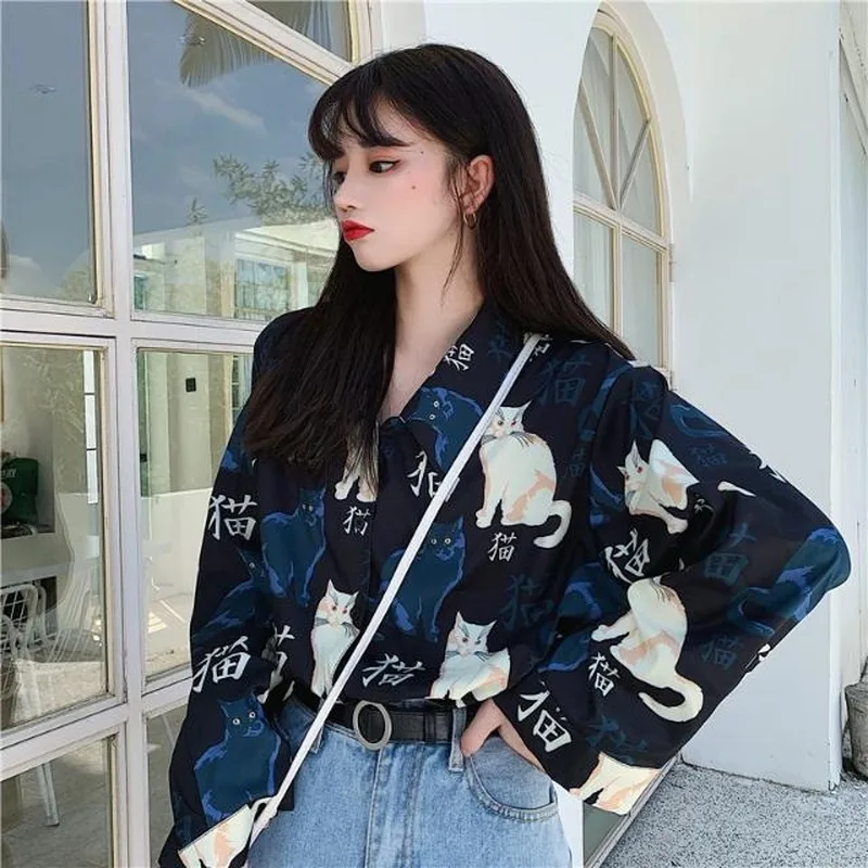 Blouses Shirts Women Long Sleeve Print Ulzzang Cat Turn-down Collar Students Designed Womens Korean Style with Buttons Chiffon