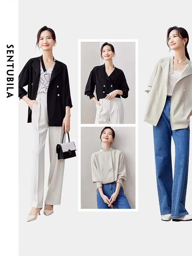 SENTUBILA Double Breasted Blazer Women 2024 Autumn Loose Fit Shacket Chic And Elegant Woman Long Sleeve Shirt Jacket 143W58096X