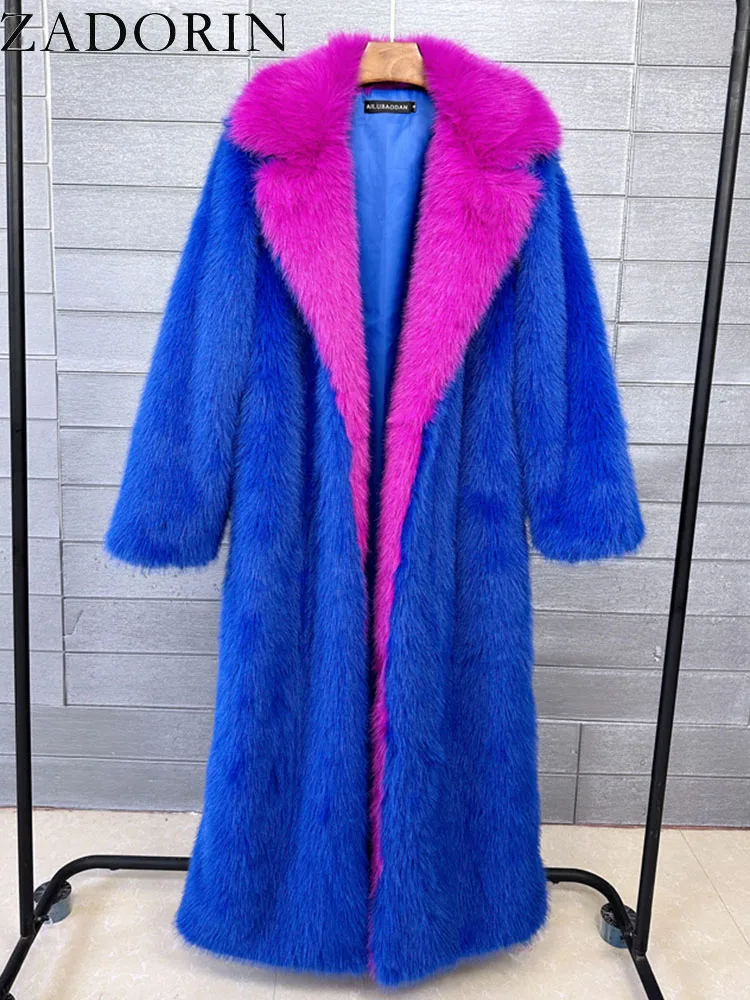 ZADORIN Super Long Fluffy Faux Fox Fur Trench Coat Women Lapel Contrast Color Furry Jacket Winter Clothes Women 2024 Fur Coats