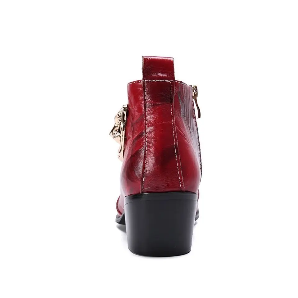 Wine red pointy Genuine Leather Men Ankle Boots Heels Men Boots Pointed Toe Party and Wedding Footwear leather boots