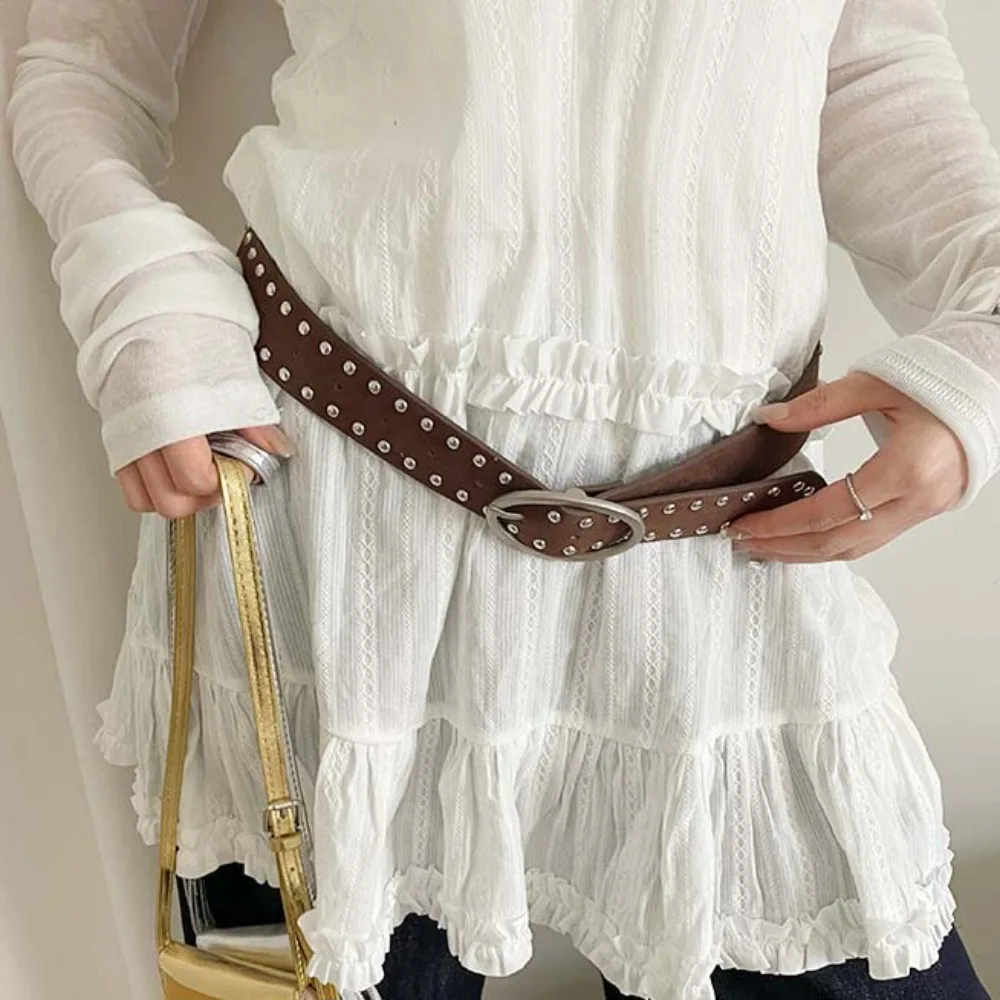

Vintage Adjustable Rivet Waist Belt Jeans Decor Retro Y2K Wide Belt Punk American Style PU Leather Waistbands Ornament