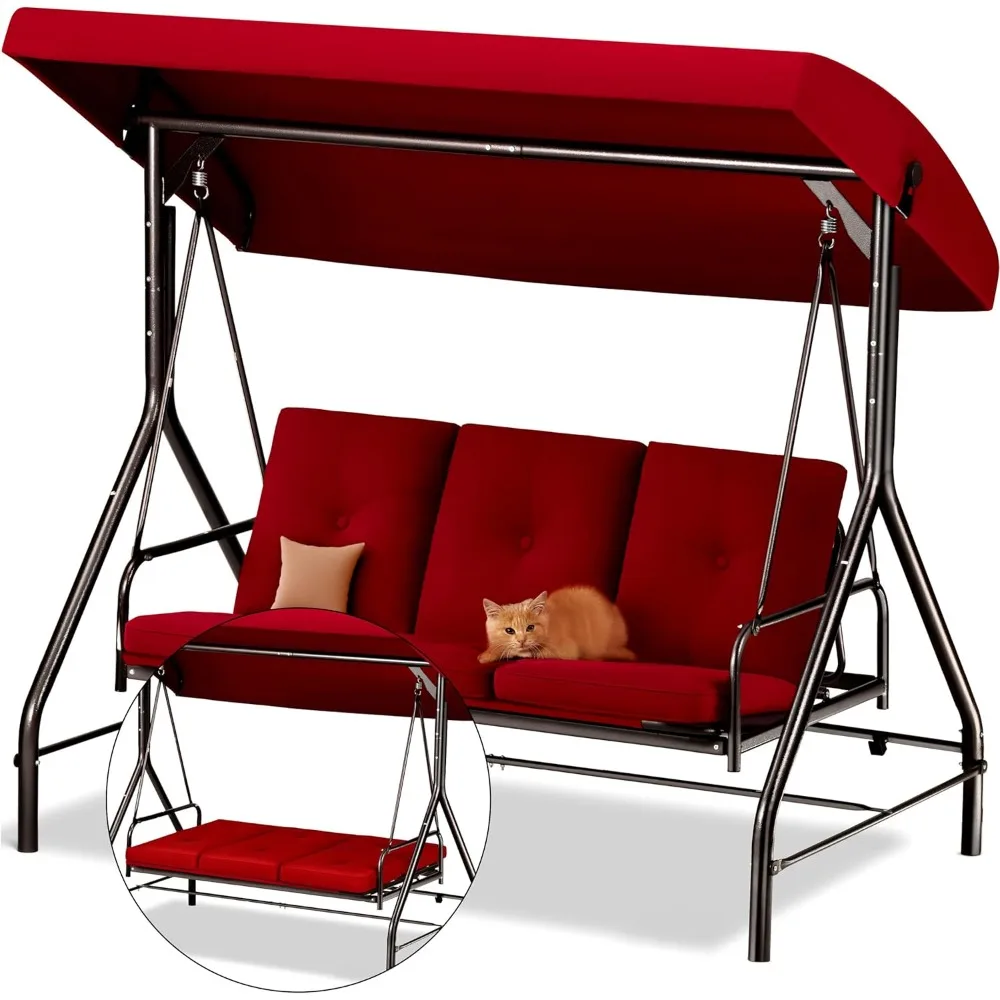 

Three-Person Outdoor Porch Swing with Canopy, Convertible to Glider Bed, Plush Cushions and Pillows for Adults