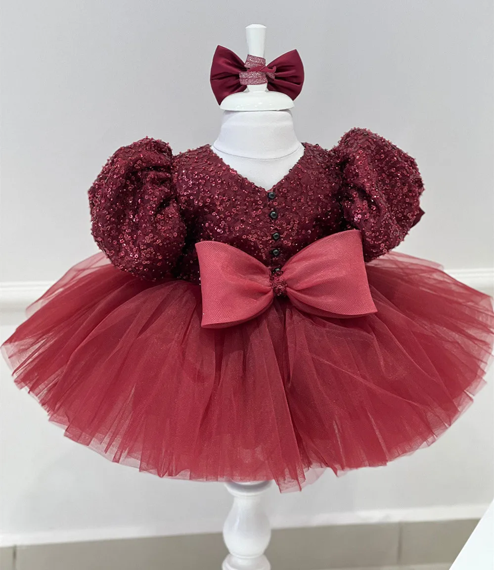 

Flower Girl Dress Burgundy Puffy Baby Girls Dresses Sequined Top Tutu Ball Gowns New Party Birthday Gown