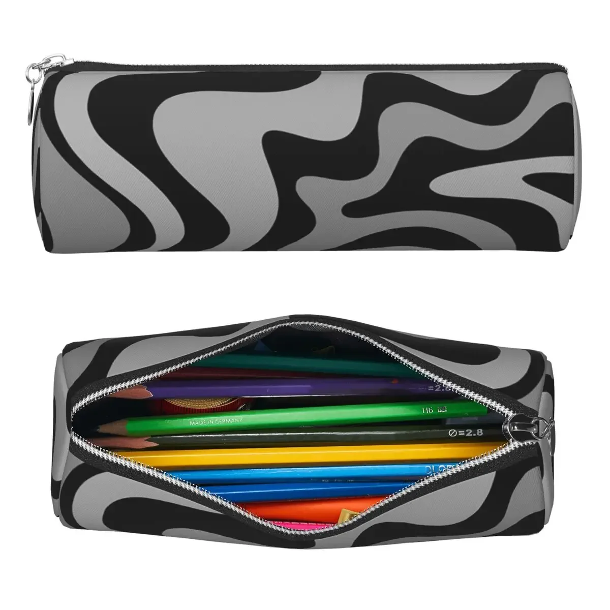 Abstract Black Grey And White Liquid Swirl Pencil Case Pen Holder Cylinder Pen Box Pencil Bag for Boy Girl School