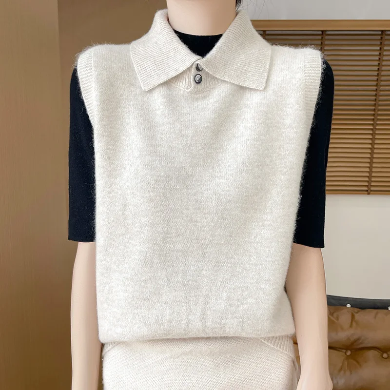 Collar Wool Vest For Women Sleeveless Solid Color Korean Fashion Warm And High-Quality Knitted Sweater Top For Autumn Winter