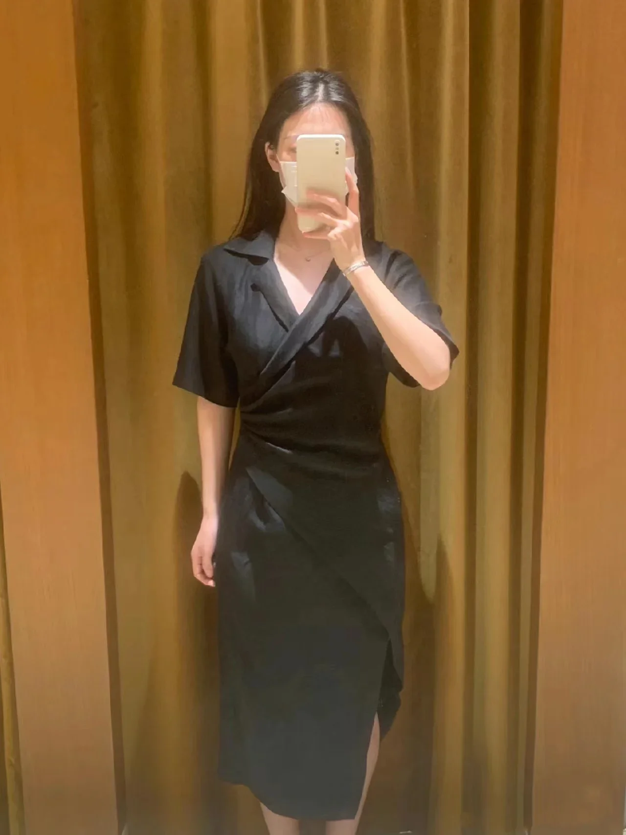 

Women Black Midi Dress Notched Irregular Waist Short Sleeve Fashion Summer 2024 Robe