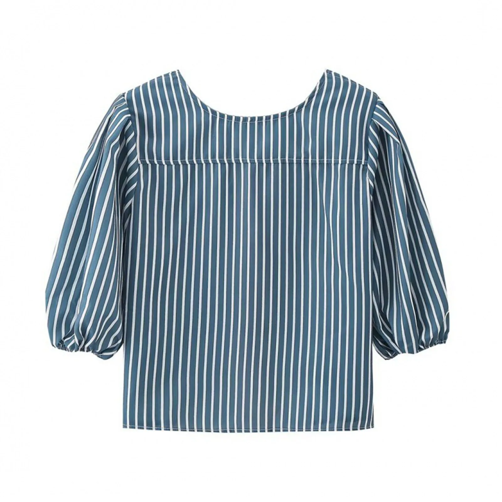 Chic Loose Puff Bow Lace Up T Shirt For Women 2024 Summer New Fashion Female Blue Striped Commuting Top High Streetwear