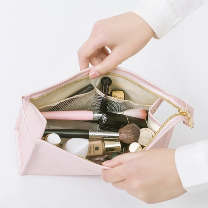 Bolsa de cosméticos grande de cuero PU para mujer, estuche de belleza impermeable con cremallera, organizador de maquillaje y lavado de viaje