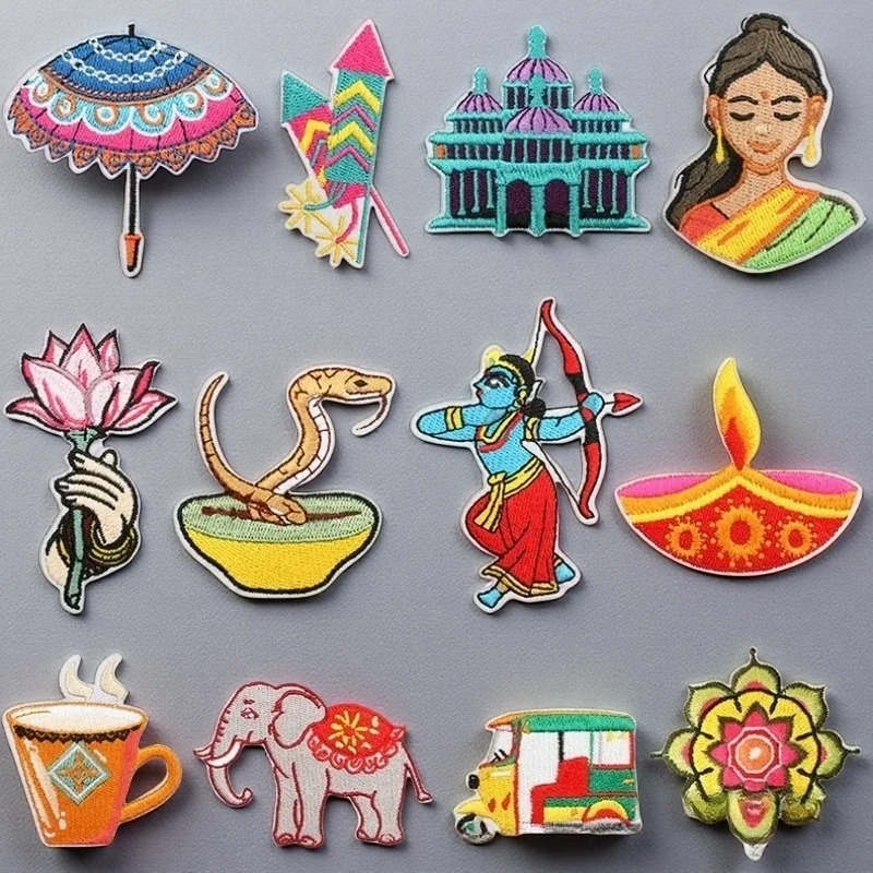 

India Diwali Day Embroidery Cloth Sticker Cobra Elephant Patch Sticker Holiday Dress Up Cartoon Lotus Embroidery Chapter Zai