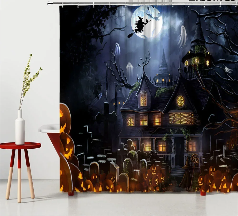 Horror Halloween Shower Curtain Scary Pumpkin in Full Moon Night Shower Curtain Set for Bathroom Crow Skull Fabric Bath Curtain