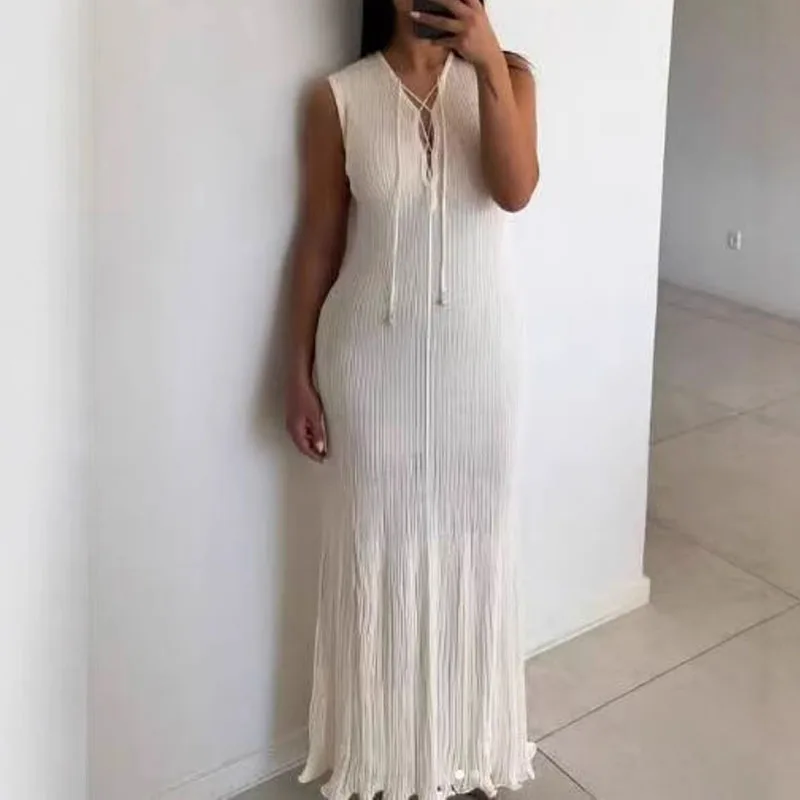 

Элегантное женское тонкое вечернее платье на шнуровке, модное однотонное вязаное платье с запахом бедер, новое летнее вечернее платье без рукавов с вырезами
