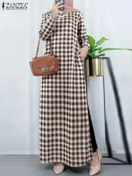 Women Vintage Grid Printed Dresses ZANZEA Muslim Maxi Long Dress Bohemian Long Sleeve Loose Sundress Ramadan Abaya Vestidos