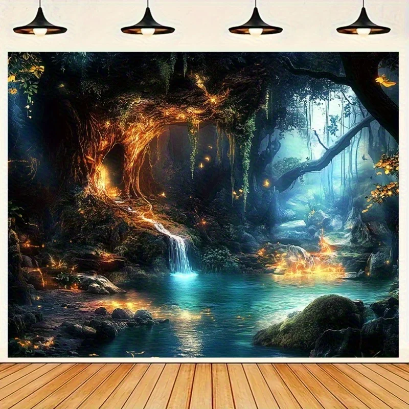 1pc Extra Large Fantasy Tree Cave Plant Landscape Tapestry - Enchanting Polyester Wall Hanging with Glowing Roots & Misty Falls,