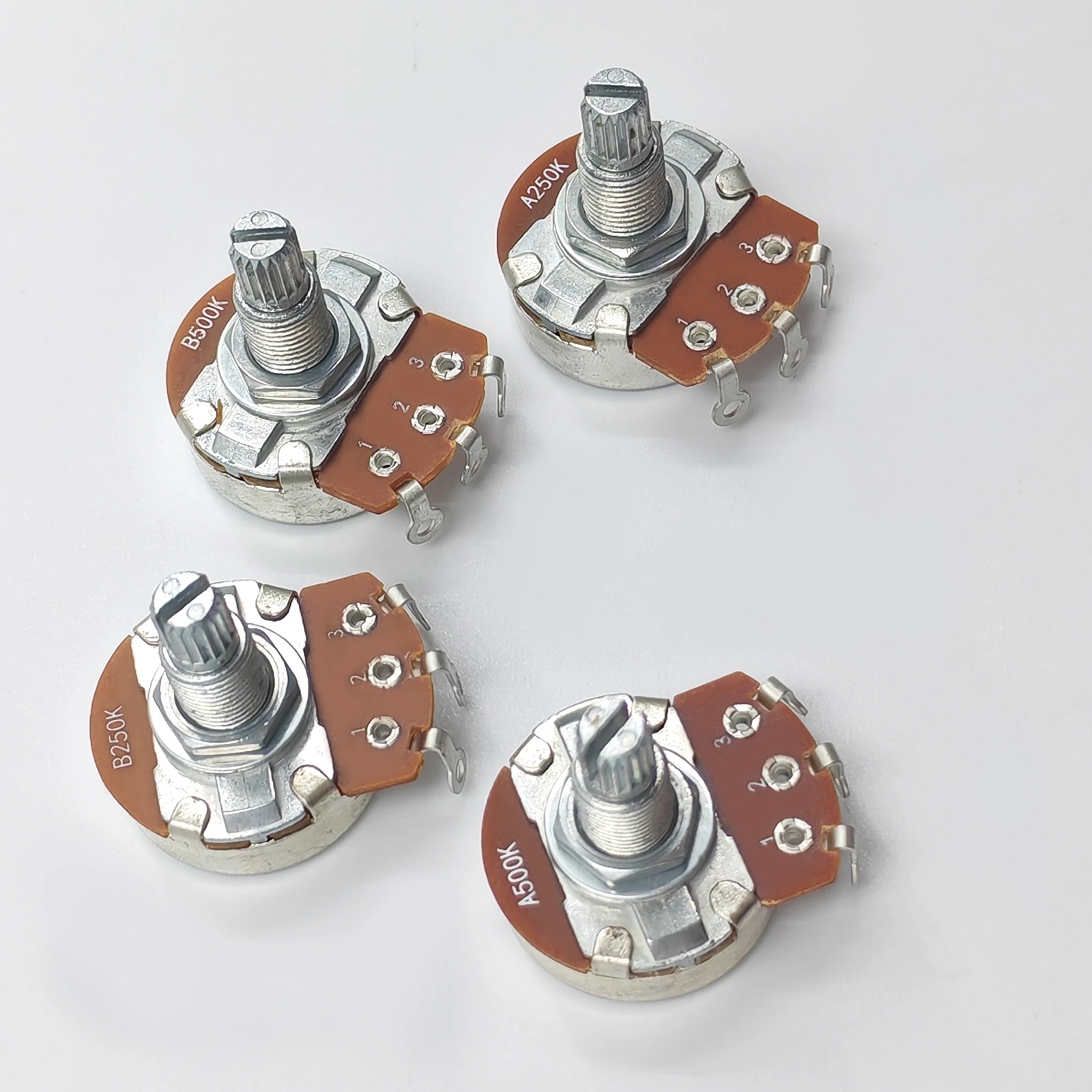 RUKOVA 4-Pack 18mm Full Size Guitar & Bass Potentiometers, Optional A500K/B500K/A250K/B250K, 18-Tooth 6mm Split Shaft