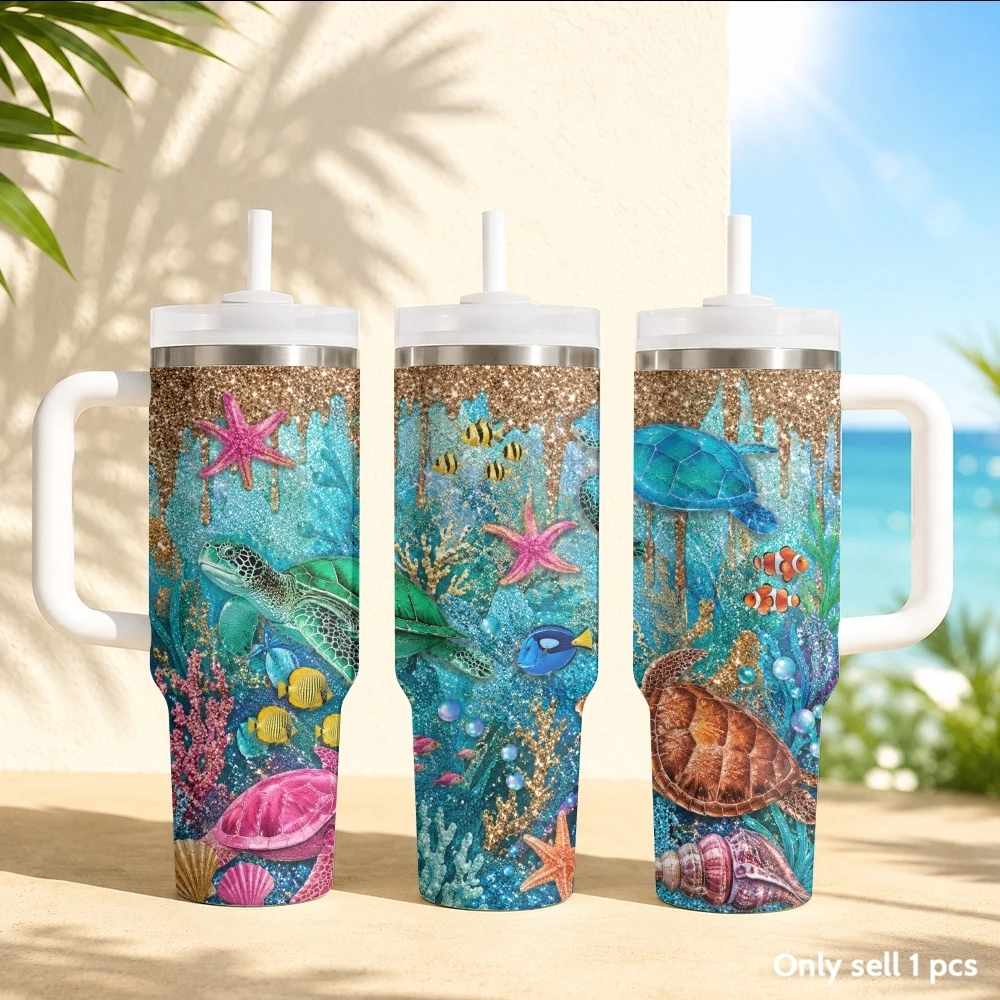 Retro marine turtle Vacuum Flasks 40oz Stainless Steel Insulated Tumbler with Handle & Straw Leakproof Travel Mug