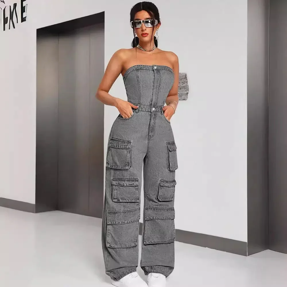 Women Denim One Piece Strapless Sleeveless Long Cargo Pants Jumpsuits Slim Fit Sexy Rompers Tight Waist Wide Leg Pant Overalls