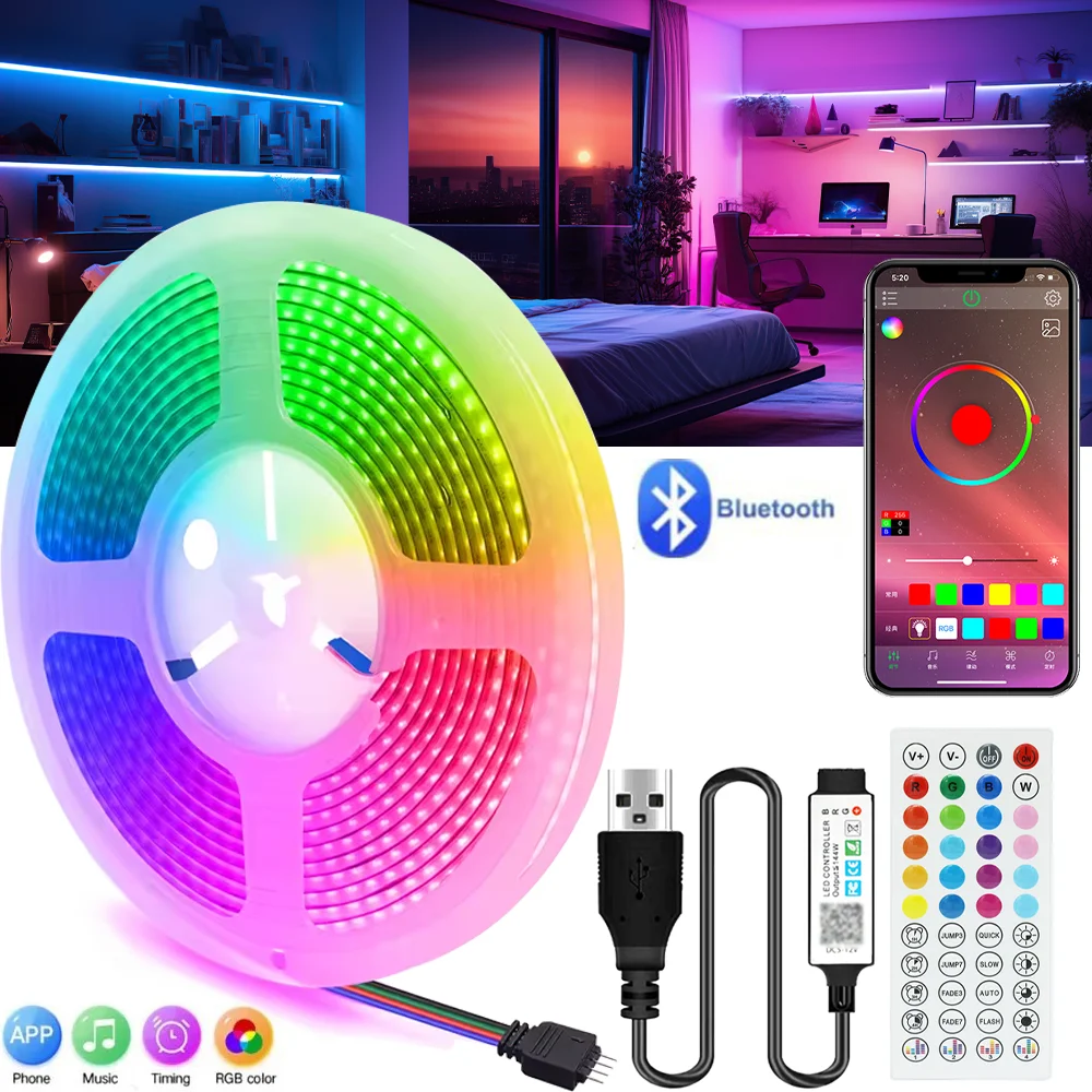 RGB LED Strip Lights Music Sync USB 5V 44 Key Remote Control Led Ribbon Flexible Lamp for Room Party TV Desk Bedroom Decoration