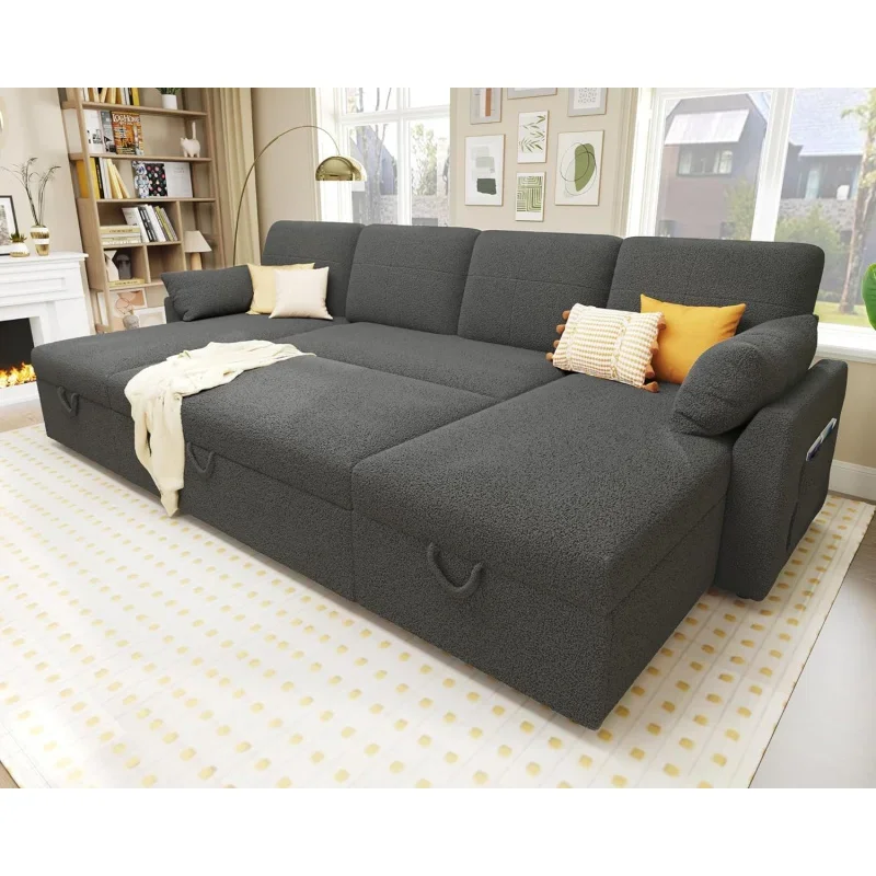 110 inch Oversize - 2 in 1 Pull Out Bed, Sectional Sleeper Sofa with Double Storage Chaise for Living Room, Grey Boucle Couch