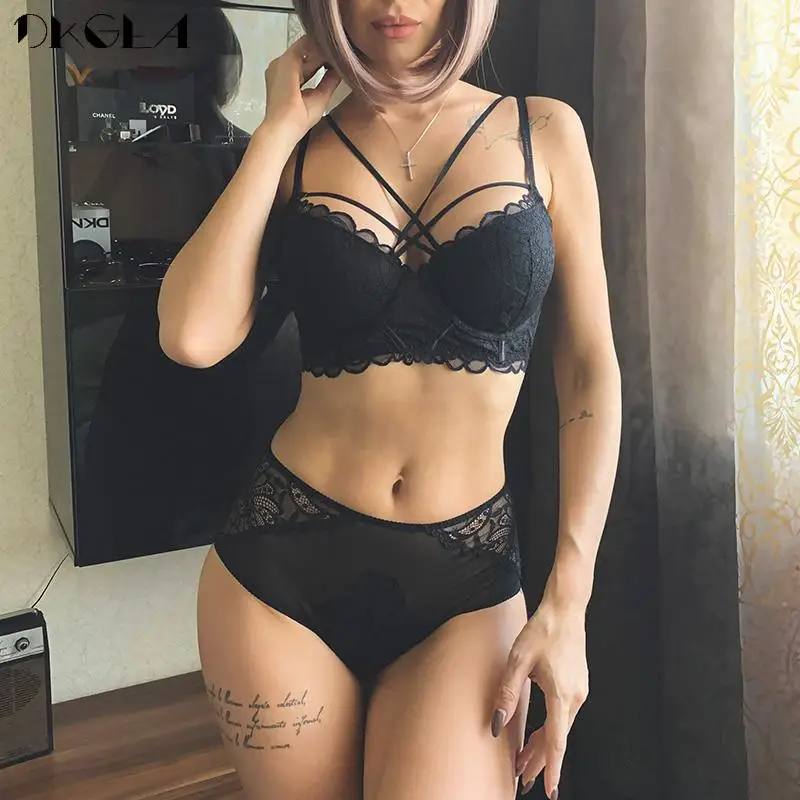 Bandage Sexy Underwear Set Black Bras Gather Thick Brassiere A B C Cup Women Lace Embroidery Lingerie Push Up Bra Sets Fashion