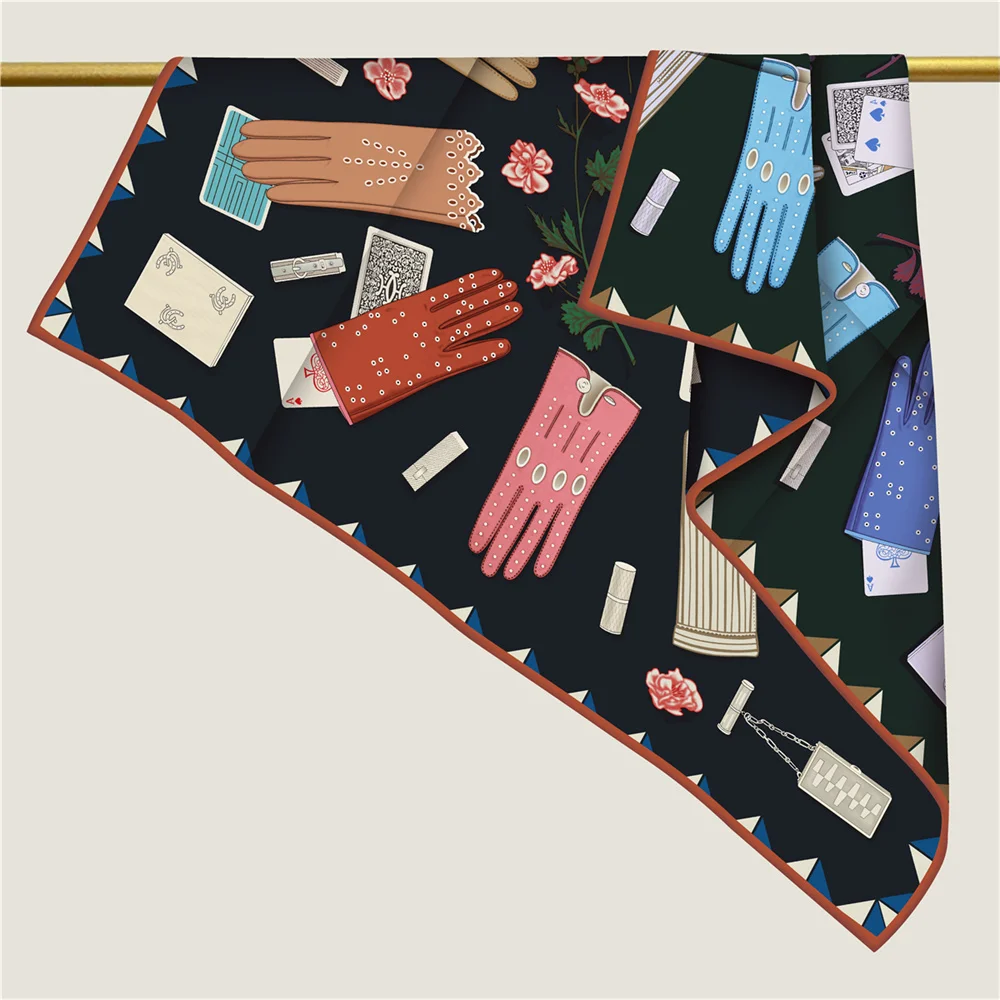 POBING Handgerollter Twill-Seidenschal für Damen, magische Handschuhe, doppelt bedruckte quadratische Schals, Wraps, Echarpes, Foulards, Femme, Hijab, 90 cm – Detail 16