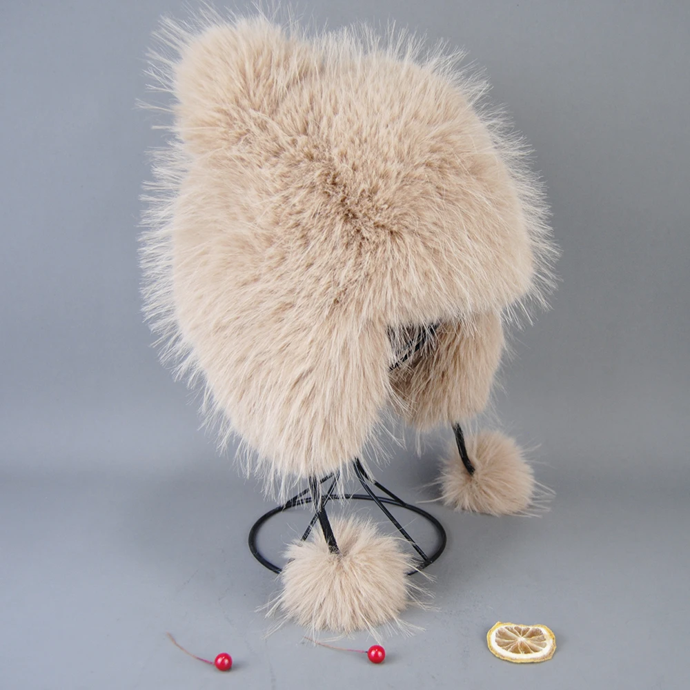 Fluffy Soviet Hat False Raccoon Fur Hats for Woman Winter Octopus Bomber Earflap Knitted Ball Fashionable Flap Cap Mongolian Hat