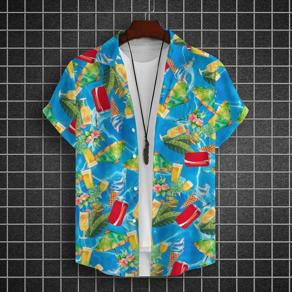 Hawaiian Shirt For Men Beach Beer Print Short Sleeved Shirt Tops Summer Beverages T-Shirt Casual Original Design Men's Clothing