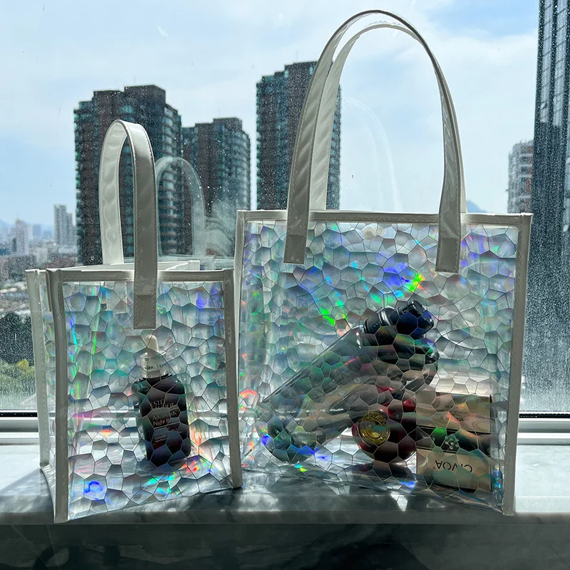 Laser Clear Tote Bag handbag Stadium Water-Resistant PVC Bag Plastic Gift Bags For Girls and Women,Transparent Shopping Bags