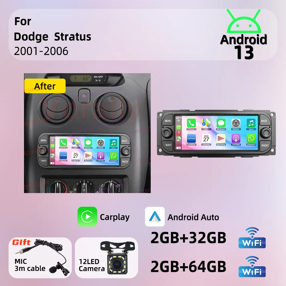Radio Multimedia para Automóvil Android 13 de 6.86 Pulgadas para Dodge Stratus 2001-2006, Reproductor Multimedia Inalámbrico para Automóvil, Autoradio 1 Din, Unidad Principal con GPS, Estéreo