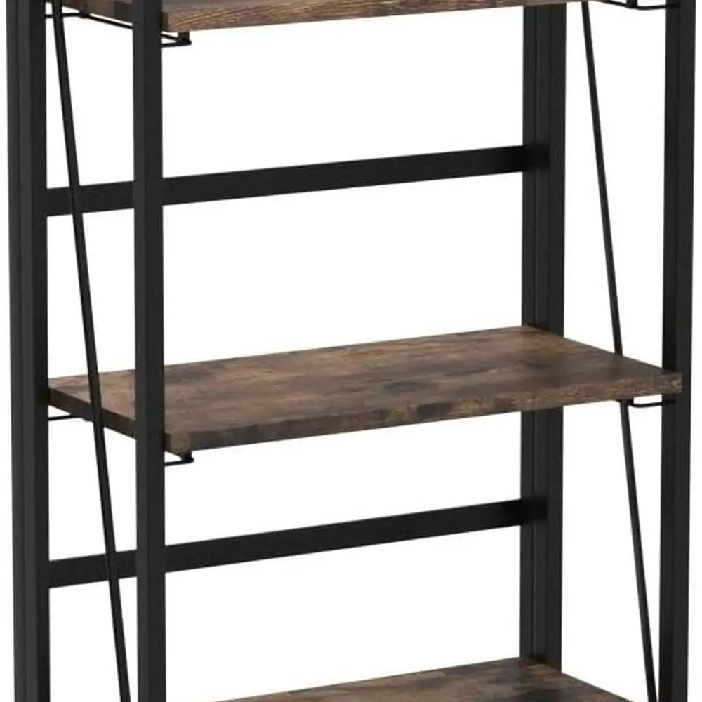 رف كتب عتيق مكون من 3 طبقات - خزانة كتب قابلة للطي باللونين البني والأسود الريفي للمكتب المنزلي وتنظيم الدراسة