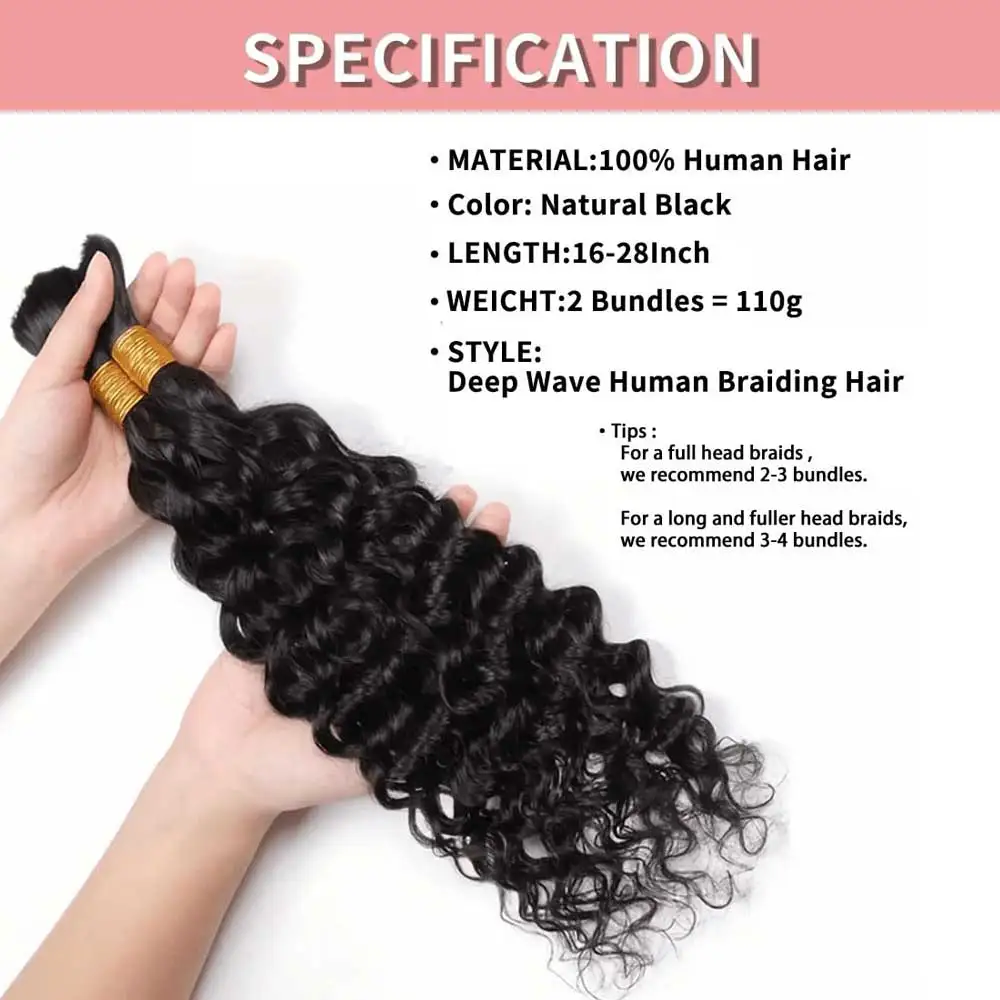2 Bundles Human Braiding Hair for Boho Braids 14Inch 100G 10A Brazilian Virgin Deep Wave Bulk Human Hair for Braiding