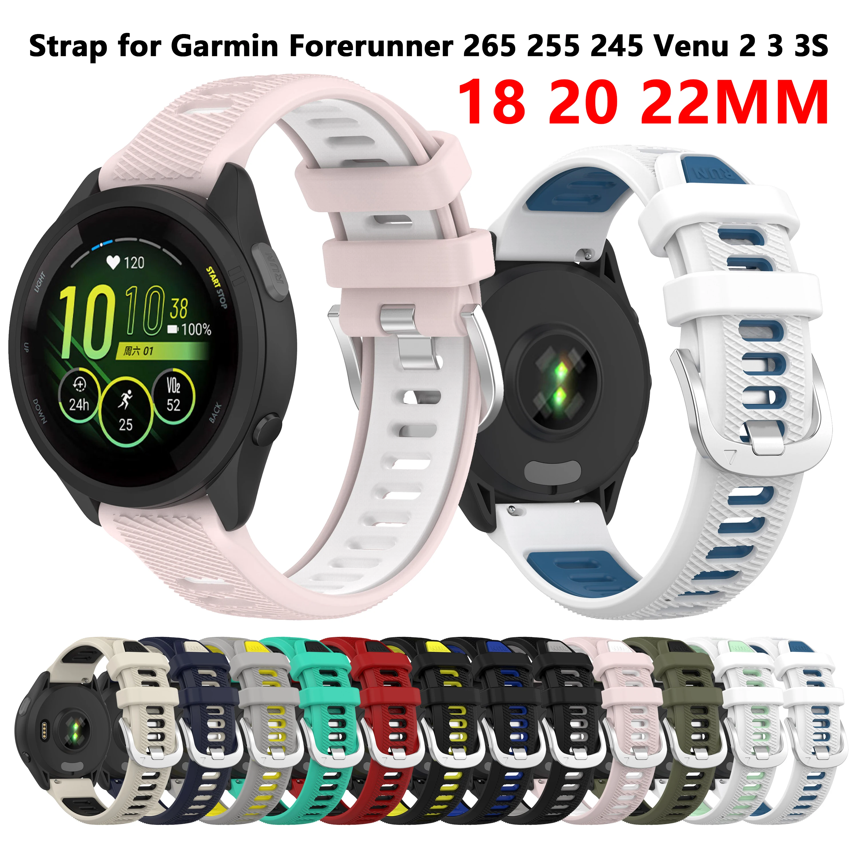 Silicone Sport Strap For Garmin Forerunner 255 265 245 165 55 Band For Venu 3 2 sq Bracelet Replacement 18mm 20mm 22mm Watchband