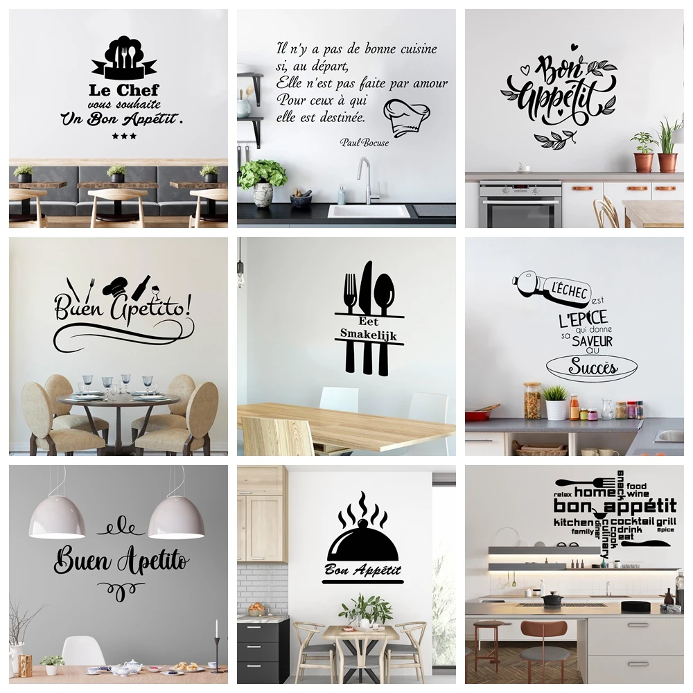 Cuisine Vinyl Wall stickers Enjoy your meal Wall Decals For kitchen Home Decoration Accessories French Spanish Dutch Mural Decor