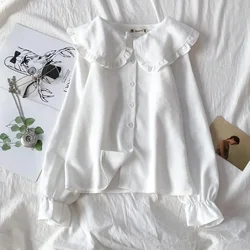 Women Peter Pan Collar Blouse Korean Fashion Clothing Vintage Shirt Kawaii Clothes Girl Basic Tops Long Sleeves White Red