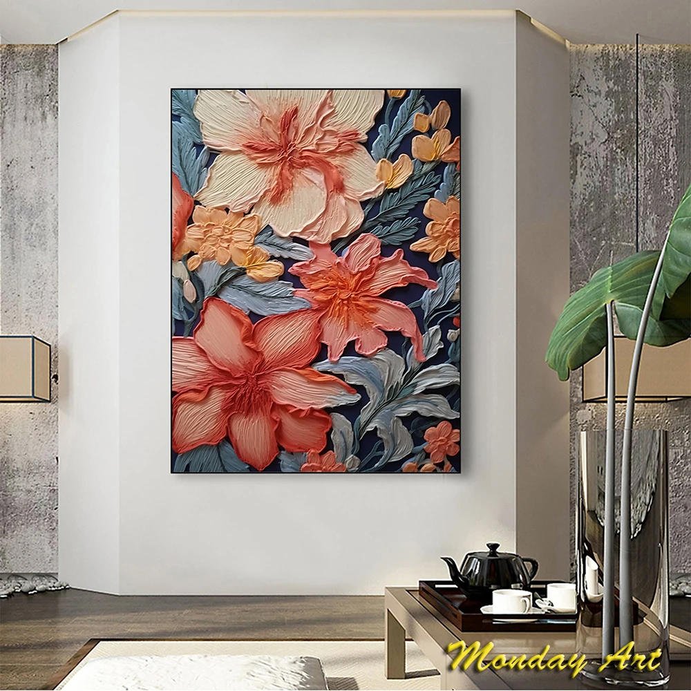 Hand Painted Oil Paintings Abstract Flower Oil Painting Blooming Coral Red Floral Art Textured Wall Art Living Room Home Decor