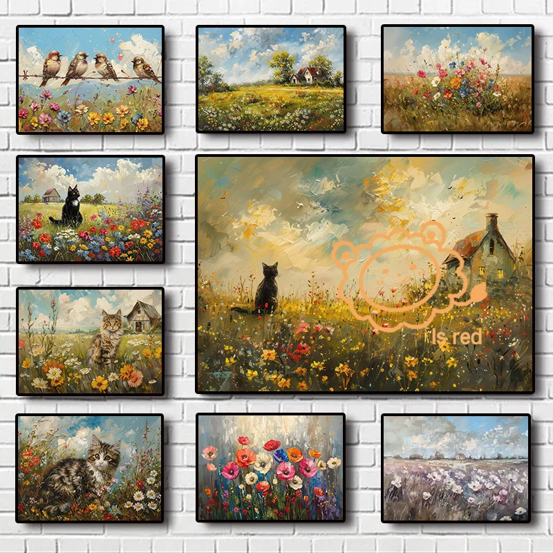 Wildflower Field Farm House Poster Rustic Country Landscape Spring Botanical Canvas printing wall decoration frameless painting