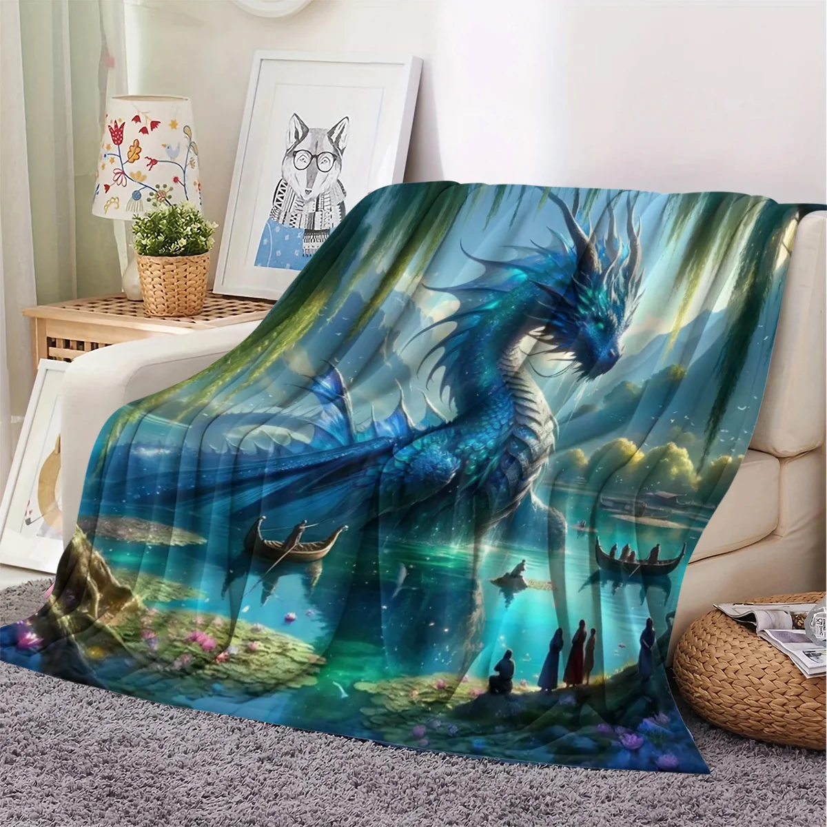 Dragon King Lake Pattern Flannel Small Throw Blanket, a Soft and Warm Blanket Suitable for Sofas, Home Leisure, Air-conditioned