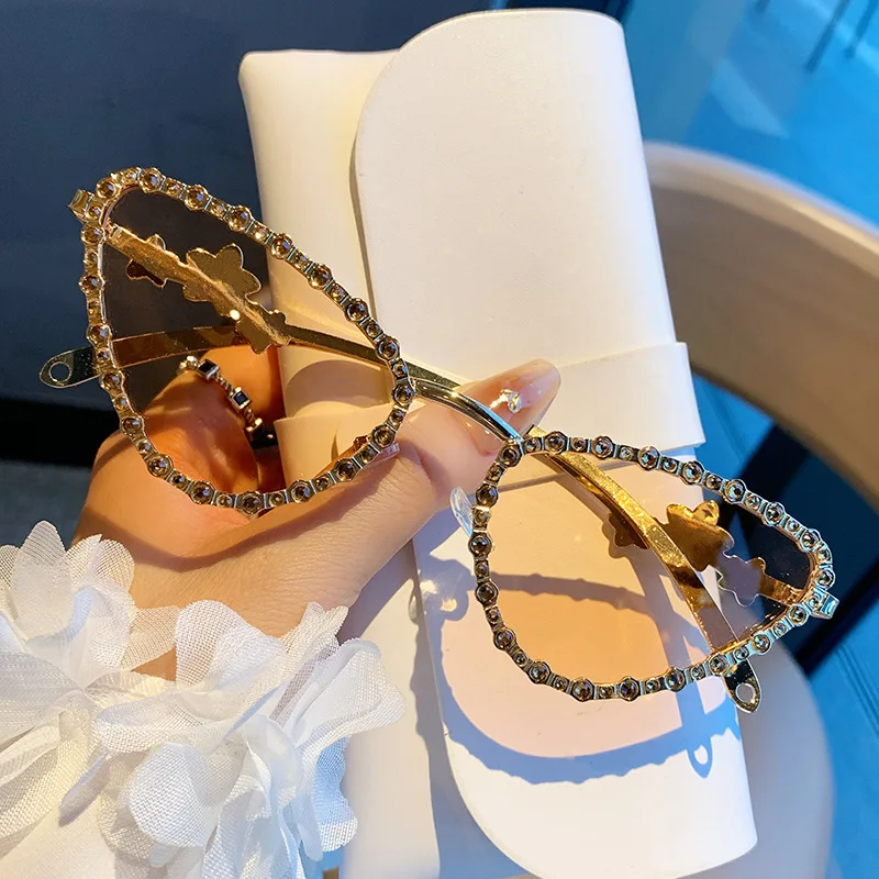 

unique rhinestone shiny cat eye sunglasses for women new fashion brand alloy crystal elegant sun glasses ladies driving shades