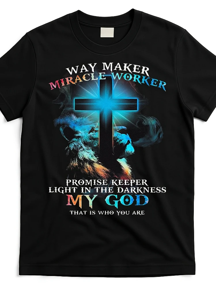 Way Maker Miracle Worker Jésus Lion Graphique Christian-Inspirational Scripture Design-100% coton T-shirt imprimé à col rond pour hommes.