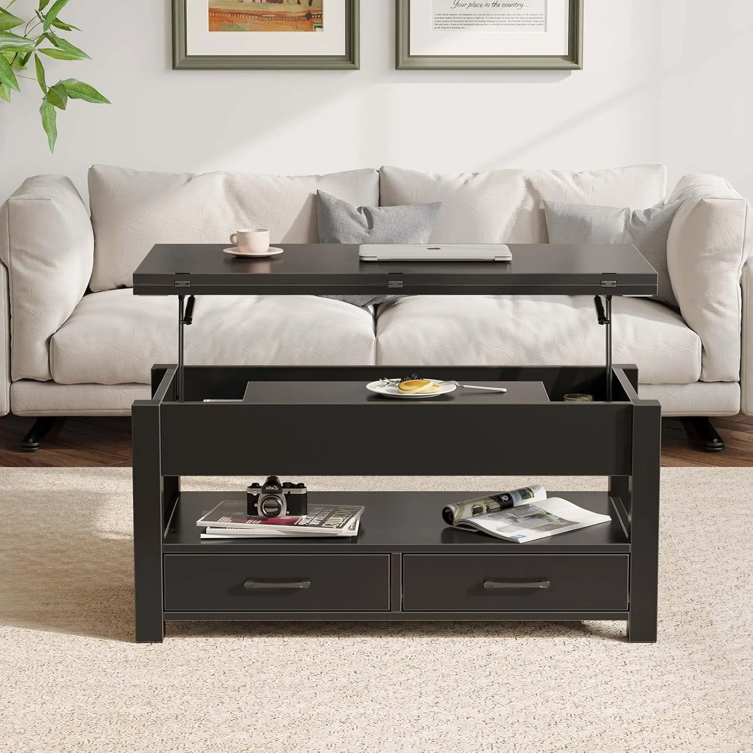 Lift Top Coffee Table, Versatile Convertible Table with Storage Drawers And Concealed Space, for Living Room Or Home Office
