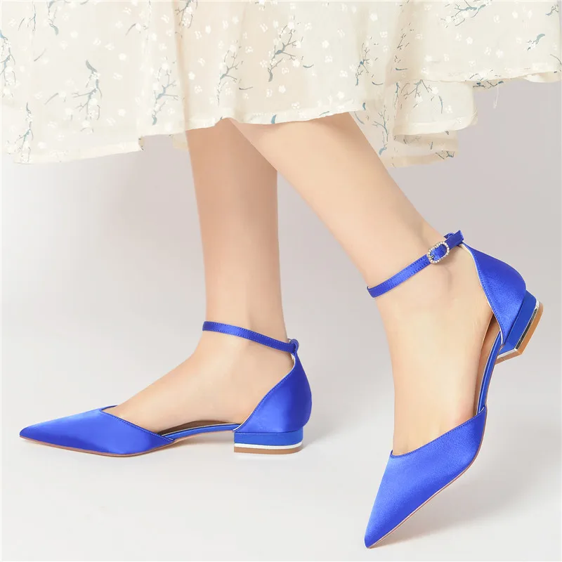 Satin Wedding Flats Shoes Pointed Toe Ankle Buckle Strap Prom Evening Formal Cocktail Party Bridal Shoes Flat for Women