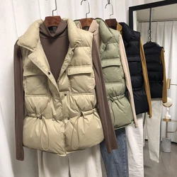 2023 Women's Autumn New Ultra Light Down Warm Vest Lady Waist Drawstring Down Jacket Short Coat Parka Waistcoat Sleeveless Jacke