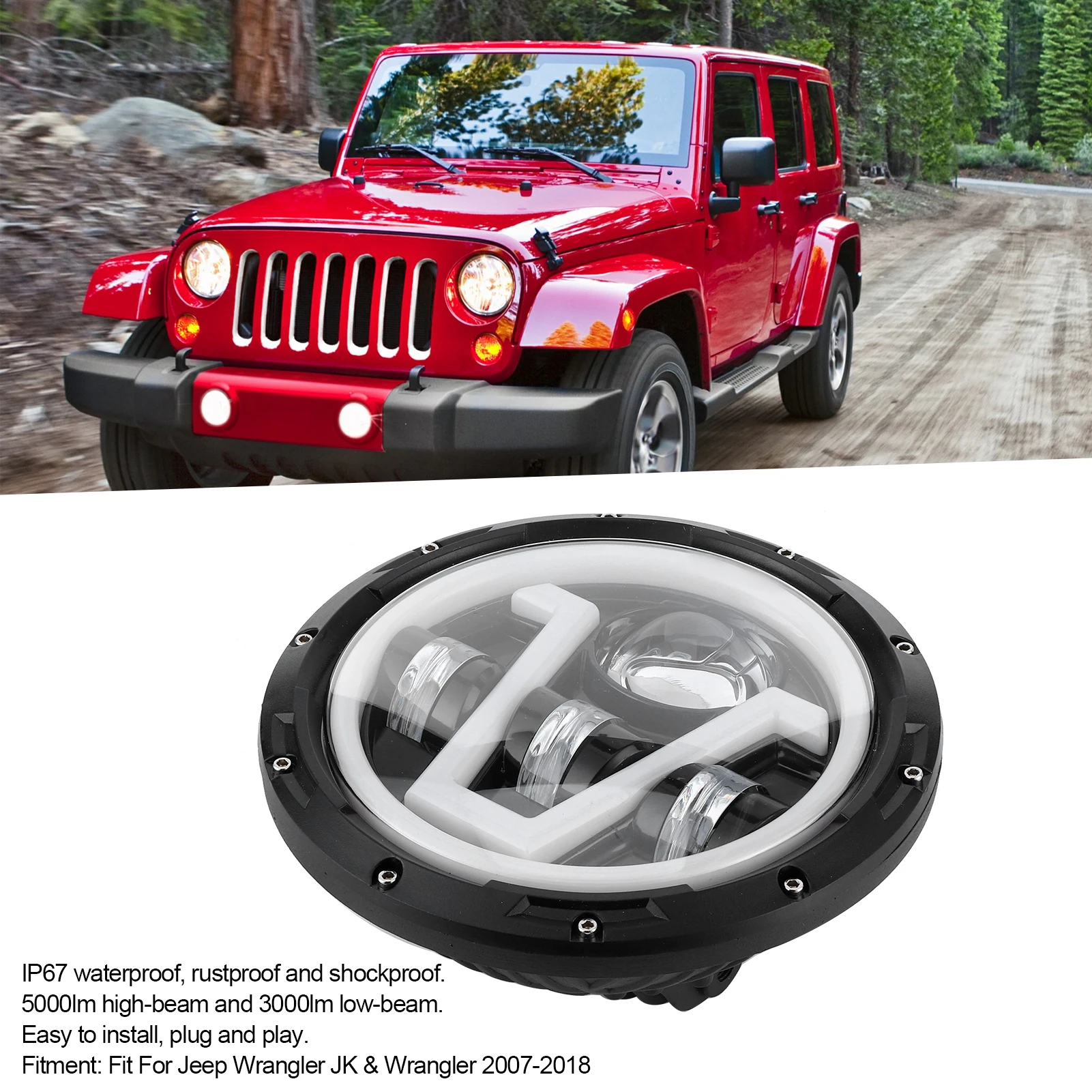 مصباح أمامي LED مستدير 7 بوصة أبيض أصفر فاتح IP67 مقاوم للماء مناسب لسيارة جيب رانجلر JK 2007-2018