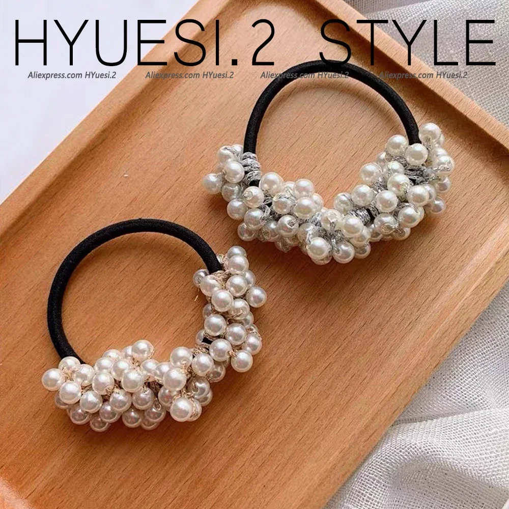 Elegant Faux Pearl Hair Ropes Ties Elastic Black Scrunchies Stretchy Beaded Rubber Bands Ponytail Holder For Girls Women Ladies