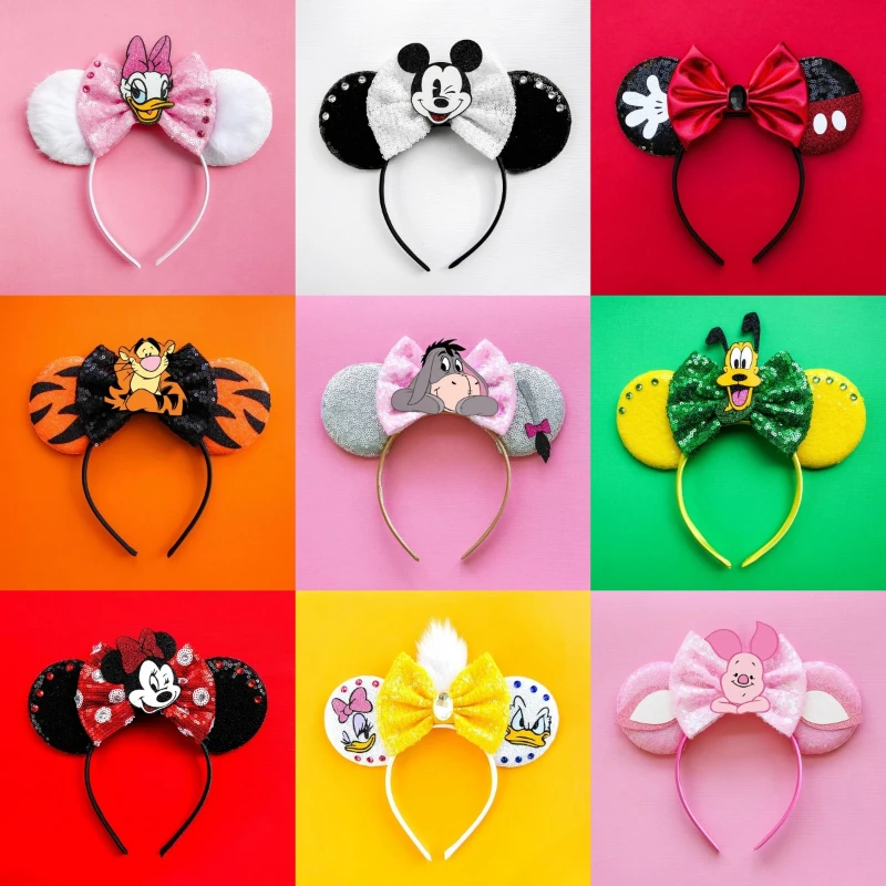 Disney Mickey Mouse Ears Donald Duck Headbands Women Minnie Daisy Hairbands Girl Kids Sequins Bow Hair Accessories Festival Gift